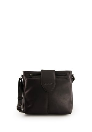 Sort læder crossbody taske med frontklap, lynlåsrum og justerbar rem på hvid baggrund.