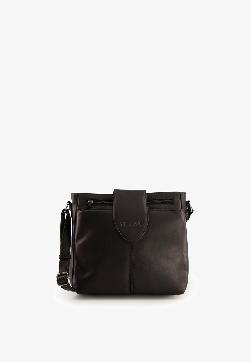 Black leather crossbody bag with front flap, zipper pocket, and adjustable strap on a white background.