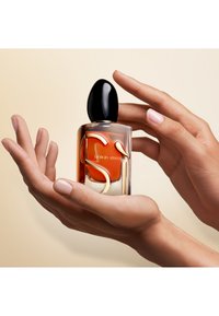 To hænder holder en klar Giorgio Armani parfume flaske med ravfarvet væske og et sort rundt låg mod en beige baggrund.