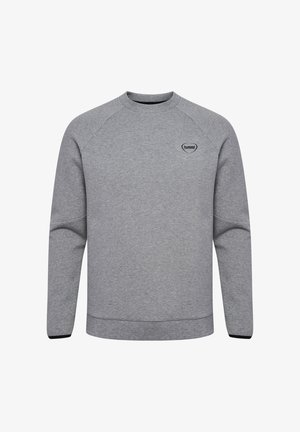 Grauer Sweatshirt aus weichem Stoff, mit Rundhalsausschnitt, Raglanärmeln und einem kleinen schwarzen Logo auf der oberen linken Brust.