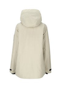 Beige wasserdichte Jacke mit Kapuze, elastischen Bündchen und Nahtdetails. Hat eine glatte Textur und ein minimalistisches Design. Rückansicht nur.