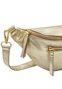 Fanny pack en métal doré avec une finition texturée, comprenant une poche principale zippée et une poche avant zippée supplémentaire, ainsi qu'une bandoulière détachable.