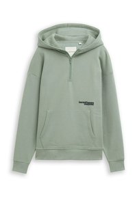 Felpa verde con zip in morbido misto cotone, dotata di tasca a marsupio e di una discreta stampa del marchio sul fronte. Vestibilità comoda e maniche lunghe.