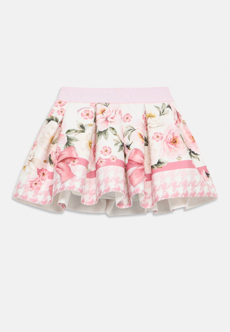 Blomsterkjole med rosa midje, med hvite og rosa blomstermønstre, rosa bånd, og en hundetannmønster trim nederst.