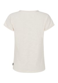 Svetlo béžové tričko s krátkymi rukávmi a okrúhlym výstrihom, textúrovaný povrch a rovný spodný lem. Má rolované manžety a božnú štítok.