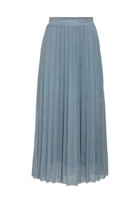Gonna midi plissettata di colore azzurro chiaro, realizzata in un tessuto lucido. Presenta una vita e cade dolcemente, creando una silhouette fluida.