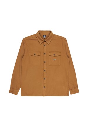Brown, long-sleeve shirt made of cotton, featuring two front pockets, button closure, and a subtle logo near the left chest area.