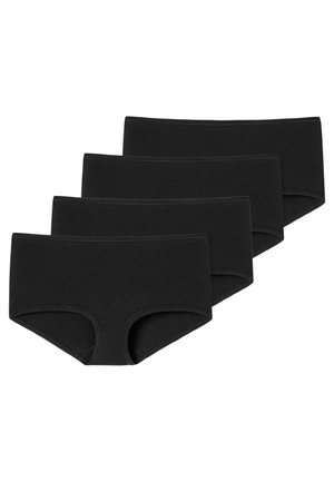 Black cotton boyshorts, featuring a wide waistband and full coverage. Four pairs displayed, showing a smooth, matte texture.