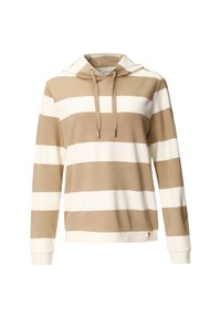 Sudadera con capucha de rayas beige y blancas hecha de tela suave. Cuenta con capucha con cordón, mangas largas y un ajuste relajado con puños acanalados.