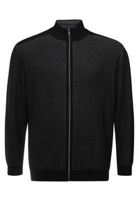 Cardigan nero con zip, caratterizzato da un design texturizzato, colletto alto e polsini aderenti. Presenta una zip liscia lungo la parte anteriore per la chiusura.