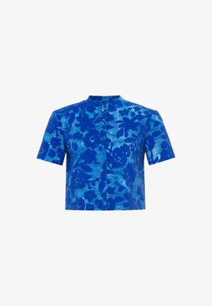 Blå kortærmet skjorte med blomstertryk, mandarin-krave og knaplukning foran. Teksturretstof med en let struktureret form.