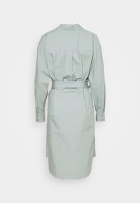 Světle zelené šaty s límcem, dlouhými rukávy a knoflíky na manžetách. Obsahují odpovídající látkový pásek a dva zadní sklady.