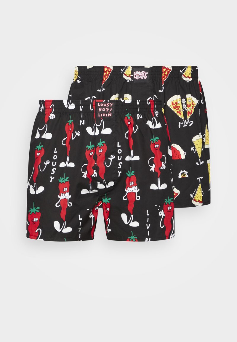 Schwarze Shorts mit verspielten Grafiken von Chili-Pfeffern und Pizzen. Mit elastischem Bund und weichem Material. Wendbares Design mit lebhaften Mustern.