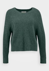 Pull en maille verte et duveteuse avec un large col, des manches longues et une coupe décontractée. Le tissu a une texture douce et un ourlet légèrement raccourci.