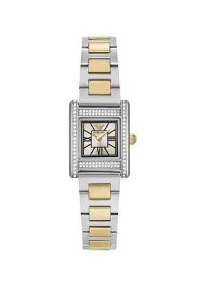 Gold- und Silberuhr mit rechteckigem Gehäuse, Kristallakzenten und einem hellgoldenen Zifferblatt mit schwarzen Stundenmarkierungen. Metallarmband mit abwechselnden Gliedern.