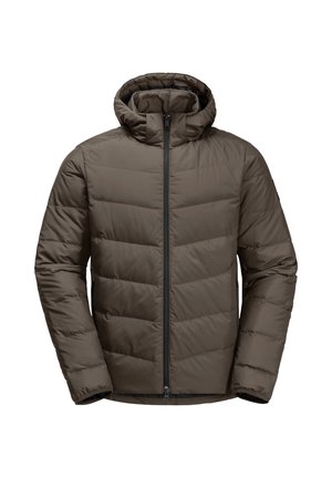 Dunkelbraune gepolsterte Jacke mit Kapuze, ausgestattet mit einem Reißverschluss vorne und einem gesteppten Muster über dem Oberkörper und den Ärmeln.