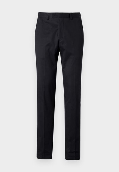 Black straight-leg trousers made from a smooth fabric, featuring a flat front, belt loops, and neatly pressed creases.
