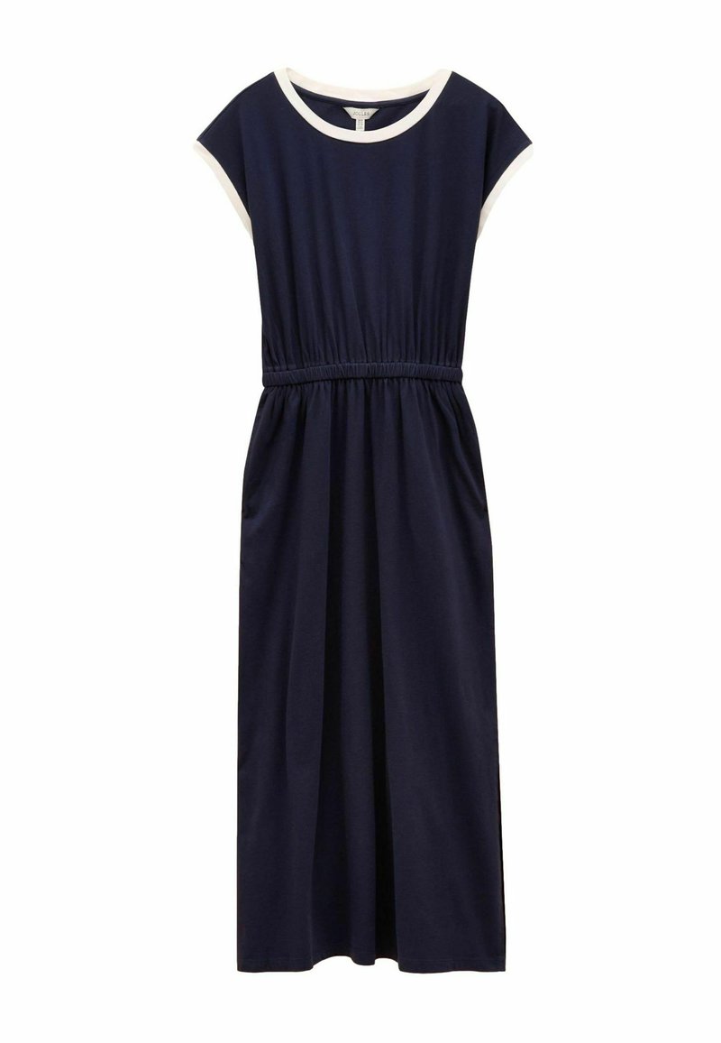 Námornícko modré šaty vyrobené z jemnej látky, so zaobleným výstrihom s bielym okrajom, krátkymi rukávmi, elastickým pásom a bočnými vreckami.