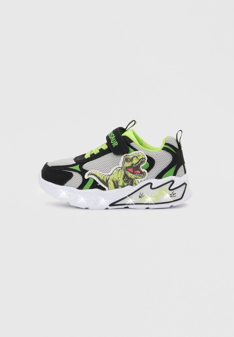 Scarpe da ginnastica per bambini grigie e nere con accenti verdi, grafica di un dinosauro sul lato, suola luminosa e cinturino in Velcro con la scritta "DINOSAUR".