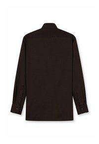 Donkerbruine blouse met lange mouwen en een subtiel textuurpatroon, voorzien van een spread collar en knoopmanchetten, gladde stof met een getailleerde pasvorm.