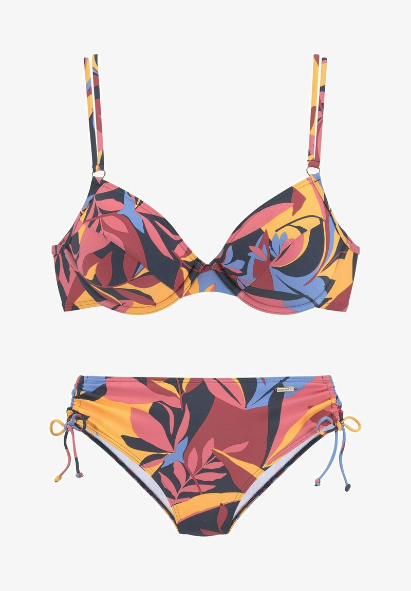 Bunt gemustertes Bikini-Set mit einem floralen Muster in Rot, Gelb, Blau und Schwarz. Verstellbare Träger und Seitenbänder an der Unterhose.