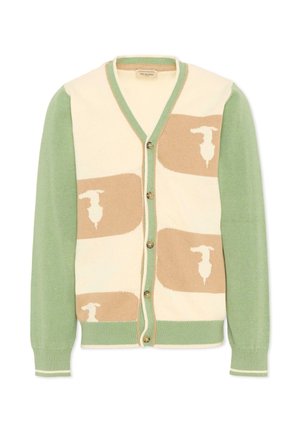 Vestje met knopen, lichtgroene mouwen en biezen, crèmekleurige voorkanten met beige abstracte vormen en witte accenten.