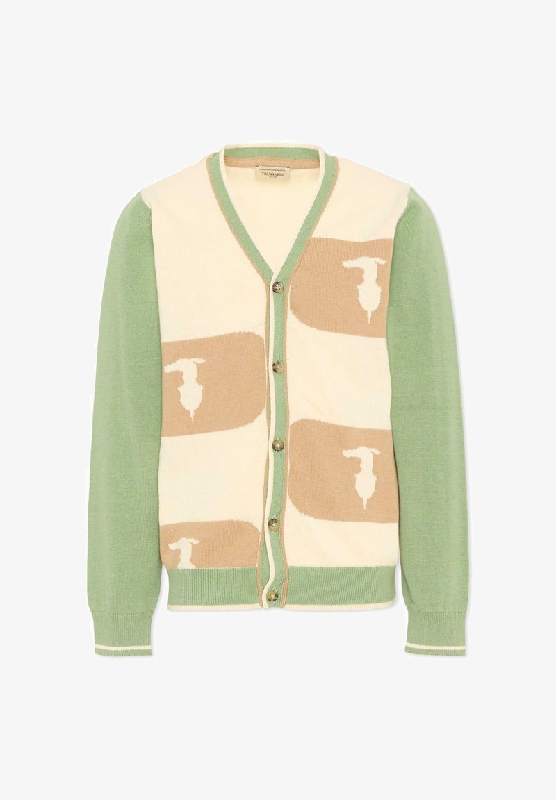 Cardigan boutonné avec manches et bordures vert clair, panneaux avant crème avec motifs abstraits beiges et accents blancs.