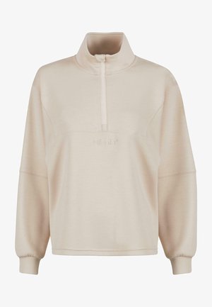 Light beige, soft fabric pullover with a half-zip collar, long sleeves, and a stitched logo on the chest. Relaxed fit design.