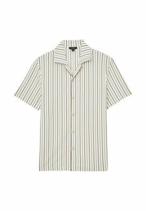 Rövid ujjú, gombos ing fekete és barna függőleges csíkokkal törtfehér anyagon, tábori gallérral.