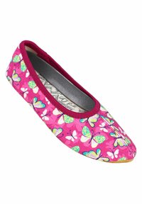 Rosa Stoff-Ballerinas mit Schmetterlingsdruck, runder Spitze und einem weichen, gepolsterten Innenraum für Komfort. Minimalistisches Design.