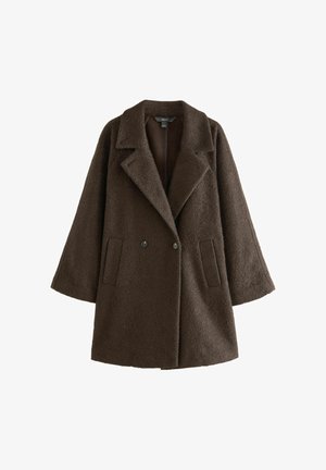 Hnědý dvouřadý kabát s texturovanou tkaninou, širokými klopami a bočními kapsami. Má volný střih a spadlé ramena.