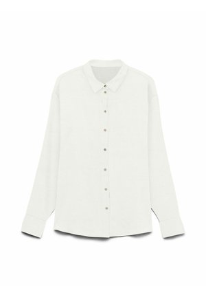 Wit overhemd met lange mouwen en knopen, met een klassieke kraag en manchetten, plat uitgevouwen op een witte achtergrond.