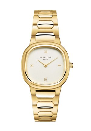 Reloj de oro con una cara octagonal redondeada, esfera blanca y marcadores de horas dorados. Presenta una pulsera gruesa estilo eslabones. Nombre de la marca: Rosefield.