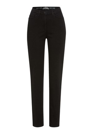 Pantalons en denim noir à coupe slim, cinq poches, fermeture à bouton et à zip, et coutures décoratives le long de la taille.