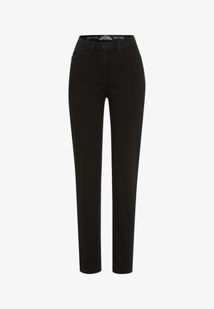 Zwarte denim broek met slim fit, vijf zakken, knoop- en ritssluiting, en decoratieve stiksels langs de taille.