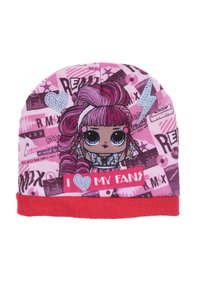 Pink beanie hat featuring a cartoon character with large eyes, patterned background with music-themed designs, and a red cuff at the bottom.