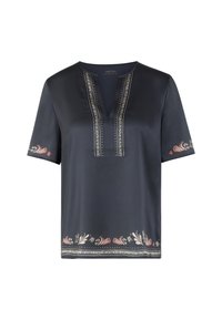 Short-sleeve, navy blouse with a V-neck, featuring decorative embroidery in red and cream along the sleeves and hem, made from smooth fabric.