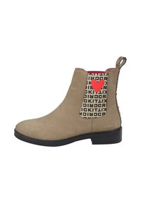 Beżowe zamszowe botki za kostkę z elastycznym panelem z grafika i czerwonym sercem. Pętla na pięcie i czarna gumowa podeszwa.