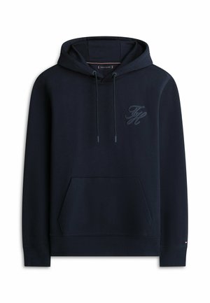 Marineblauer Hoodie mit vorderer Kängurutasche, Kordelzugkapuze und dezentem Ton-in-Ton-Logo, das auf der linken Brust eingestickt ist.