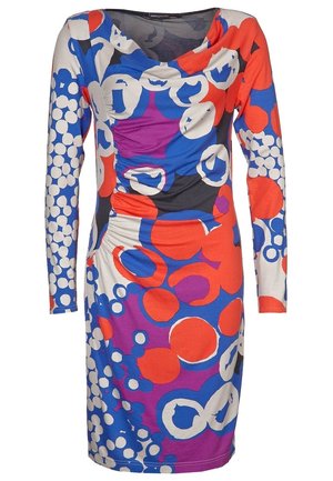 Robe longue aux genoux à manches longues avec des motifs circulaires abstraits et vibrants en orange, bleu, blanc, violet et noir.