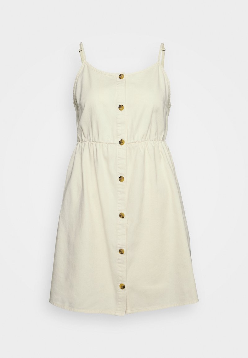 Robe crème sans manches avec bretelles réglables et fermeture par boutons sur le devant au centre, taille froncée et jupe trapèze.