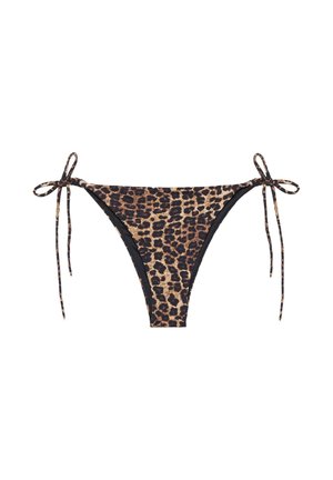 Nízke bikinové nohavičky s leopardím vzorom a nastaviteľnými bočnými šnúrkami na jednoduchom bielom pozadí.