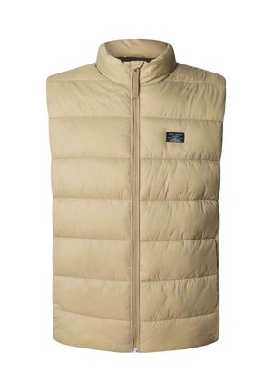 Beige gepolsterte Weste mit hohem Kragen, horizontalen Nähten, Frontreißverschluss und kleiner Logopatch auf der linken Seite.