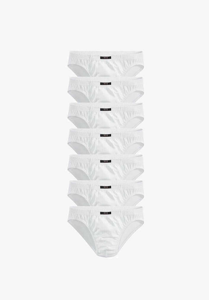 Weiße Baumwollunterhosen im Siebenerpack, mit glatter Textur, elastischem Bund und einem schwarzen Markenlabel auf der Vorderseite.