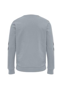 Lysegrå sweatshirt med lange ærmer med ribstrikkede manchetter og kant, vist bagfra, med mørke diagonale striber på ærmerne.