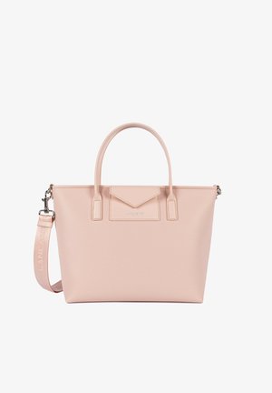Borsa tote in pelle rosa morbida con doppi manici, tracolla staccabile e piccola tasca anteriore con patta e dettagli cuciti.