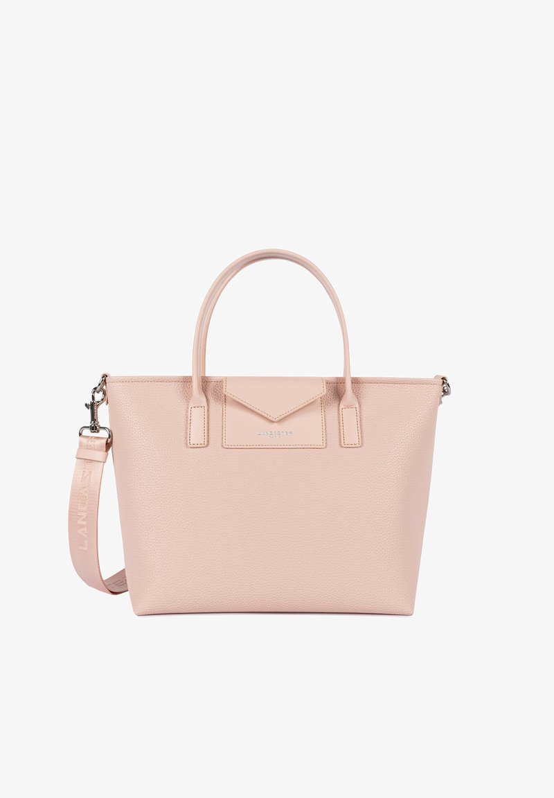 Sac cabas en cuir rose doux avec double poignée, bandoulière amovible et petite poche avant à rabat avec détails de coutures.