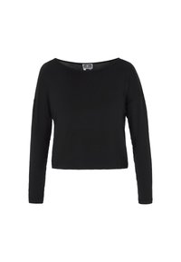 Schwarzes langärmliges Crop-Top aus weichem Material mit lockerer Passform und weiter Halslinie, ausgestattet mit langen Ärmeln und ohne sichtbare Muster oder Akzente.