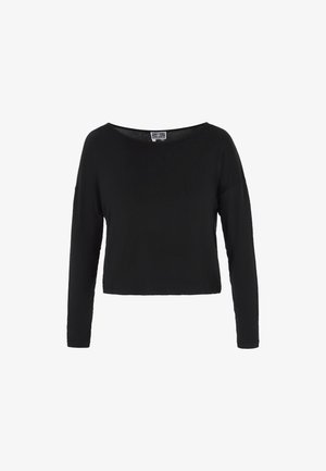 Crni dugi rukav uski top izrađen od mekog materijala s opuštenim krojem i širokim izrezom, s dugim rukavima i bez vidljivih uzoraka ili detalja.