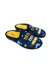Zapatillas azules con un material suave, forro amarillo y gráficos divertidos. El texto incluye "PAPÁ ERES EL Nº 1" con iconos como estrellas y un bigote.